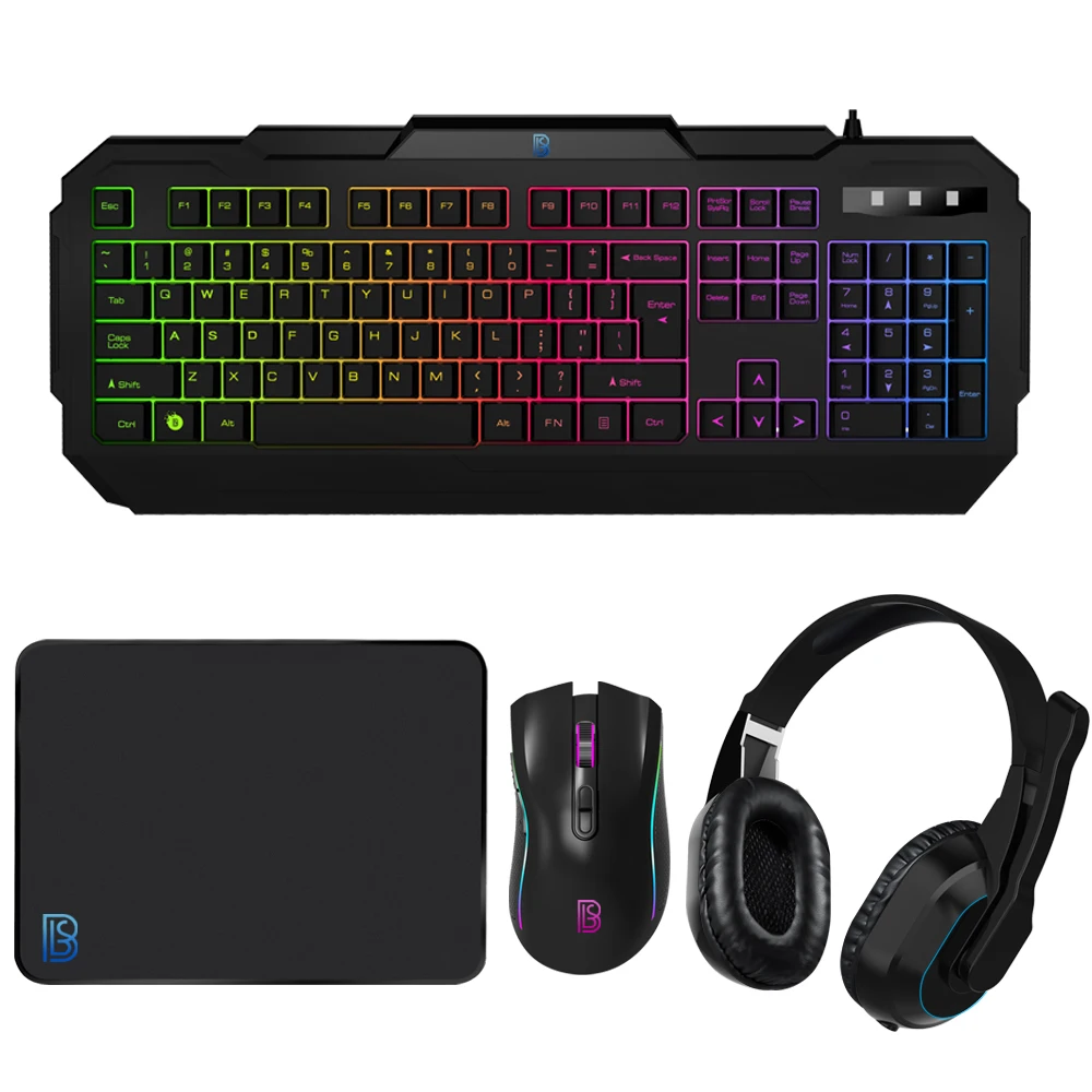 In stock 4 in 1 Gaming Bundle Gaming Keyboard and Mouse and Mouse pad and Gaming Headset, Wired LED RGB Backlight Bundle