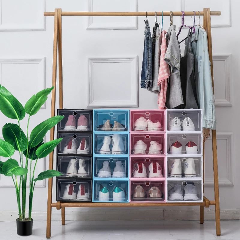 Foldable transparent shoe box plastic storage drop front sneakers clear stackable organizer