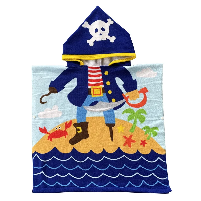 Wearable Pirate Printed Summer Children Poncho Microfiber Custom Hooded Kids Beach Towels