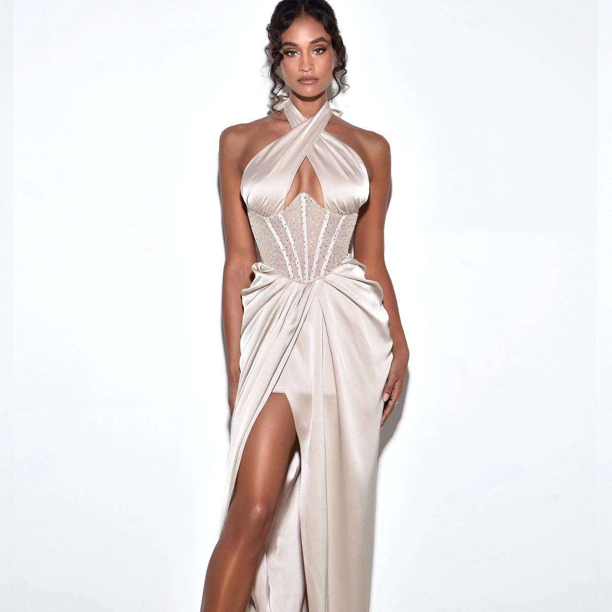 Luxury Cross Halter Neck Chest Cutout Champagne Crystal Corset Satin Gown Sexy Backless High Slit Maxi Party Dress