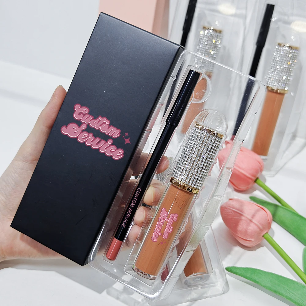 2024 new arrival luxury private label own logo matte lip gloss lip liner set,private label makeup liquid lipgloss lipstick kit