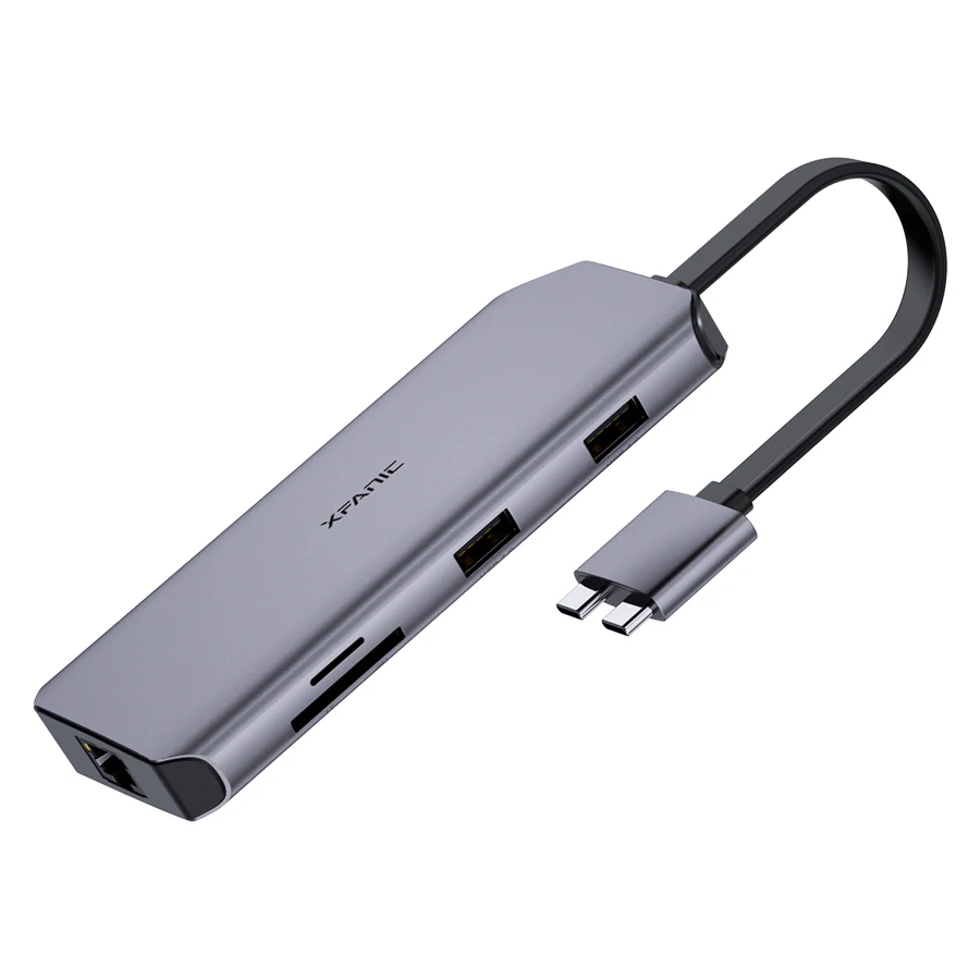 
Xfanic Aluminum Alloy Multiport 8 in 1 Dual USB C Hub RJ45 Dual HDMI USB3.0 PD SD TF Card Reader Type-C Dock for Macbook Pro 