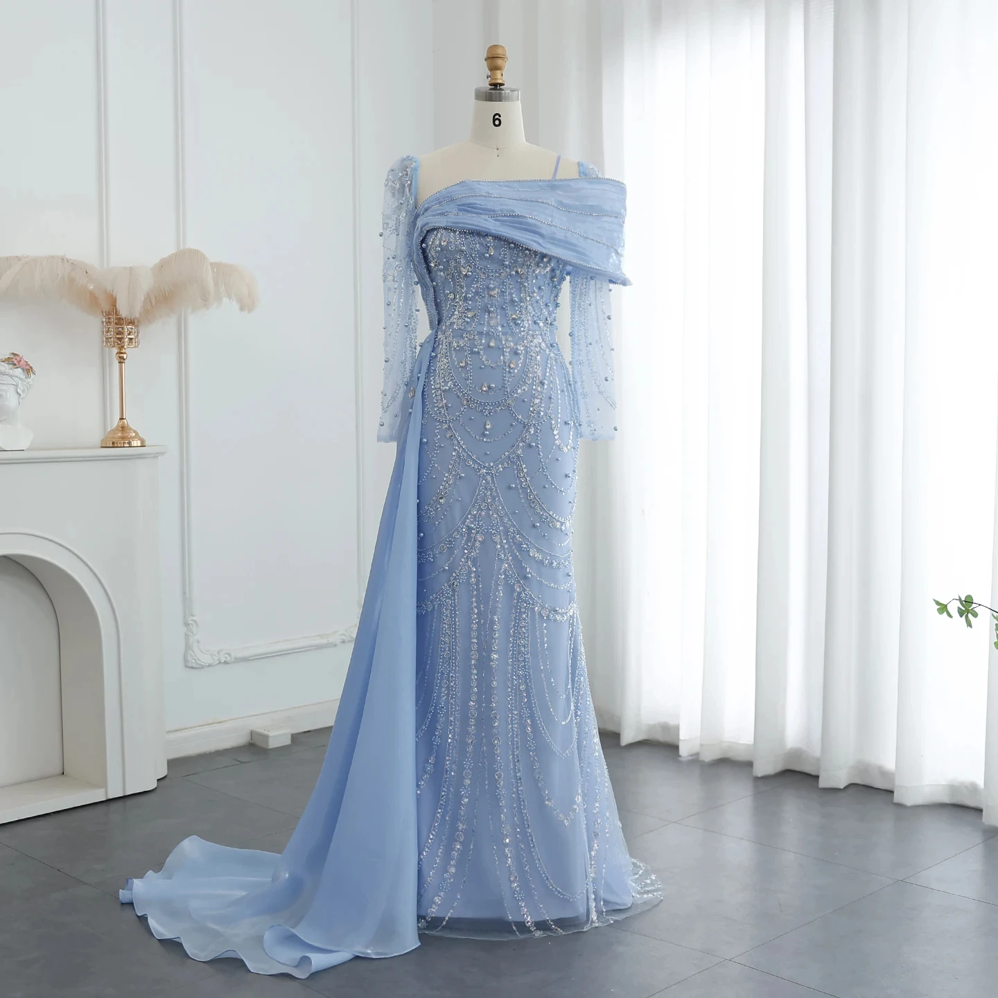 Luxury Nude Crystal Mermaid Evening Dress with Overskirt Long Sleeves Dubai Arabic Wedding Formal Prom Gowns SZ256-2