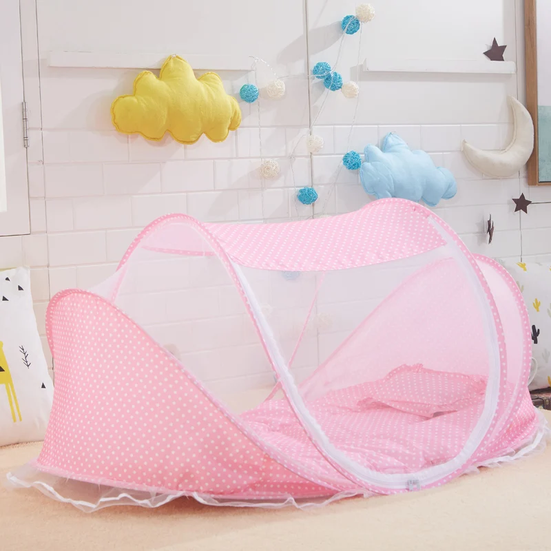 
Hot Sale Baby Foldable Blue Polka Dot Bed Mosquito Net With Sleeping Pad Pillow Baby Bedding 