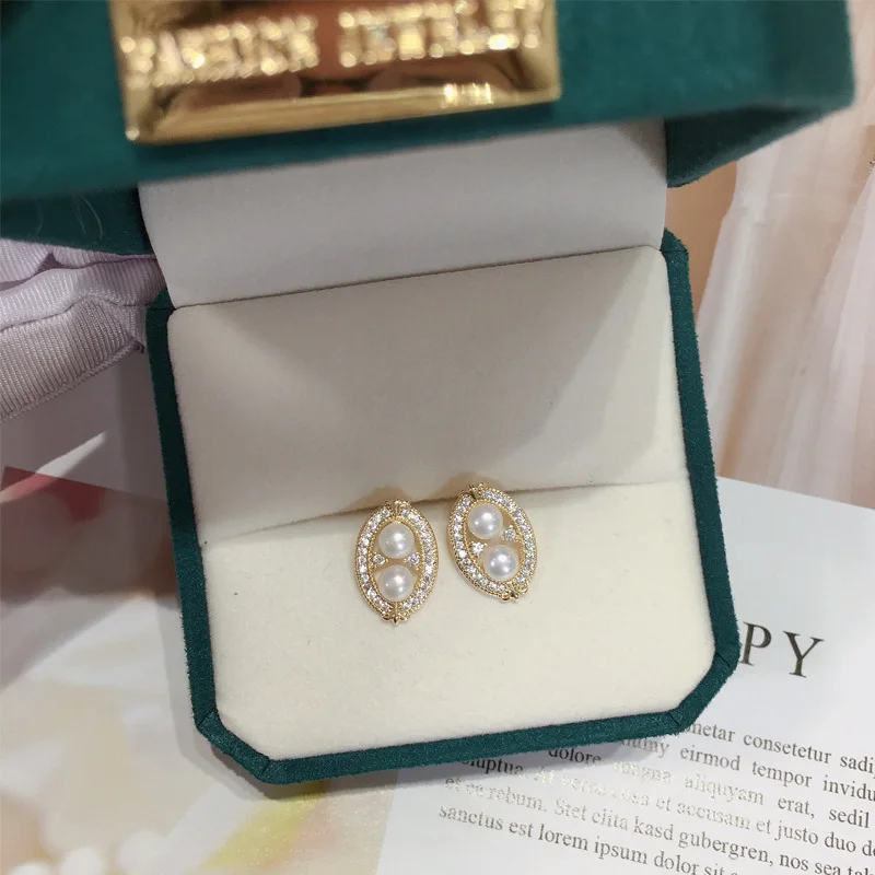 French Style 925 Sterling Sliver Needle Double Real Fresh Water Pearl Vintage Zircon Diamond Oval Studs Earrings For Women