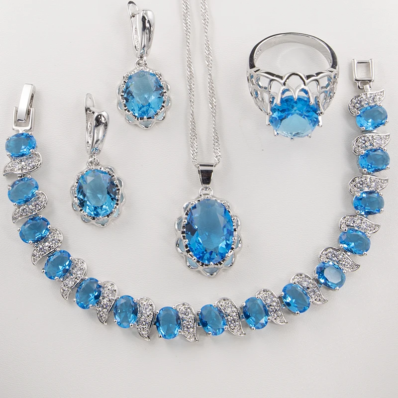 Gemstone 925 Silver Jewelry  White Gold Plated Jewelry Earrings Pendant Necklace Ring Bracelet Set