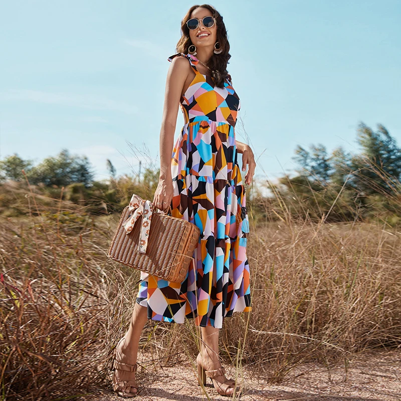 2022 Fashionable woman colorful sleeveless backless maxi dress Casual midi dress Chiffon Polyester Floral Printed Long Skirt