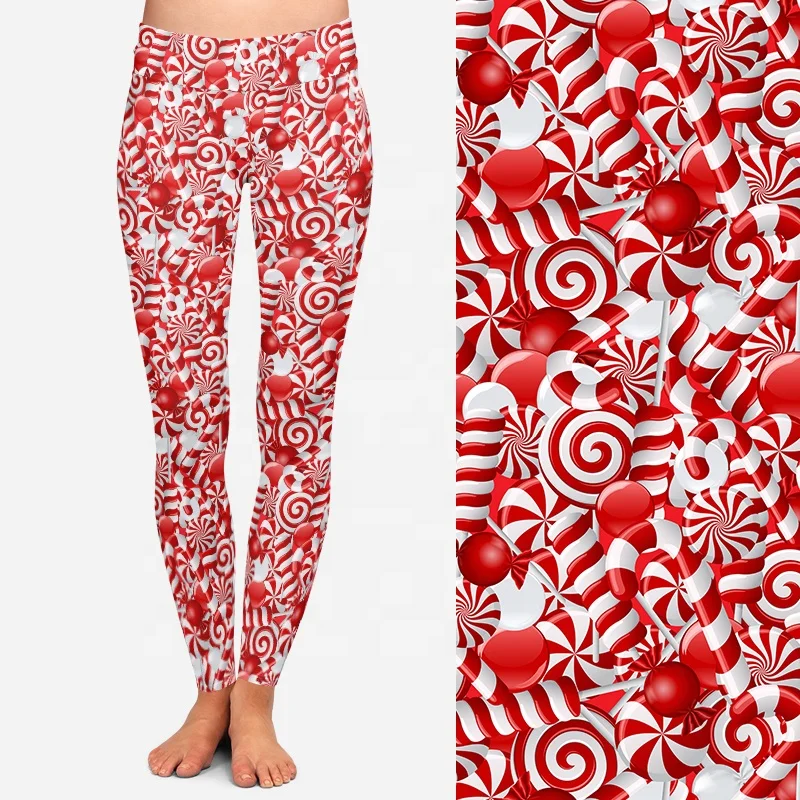 92 polyester 8 spandex leggings high waist milky soft sublimation printed red white candies Christmas leggings for women