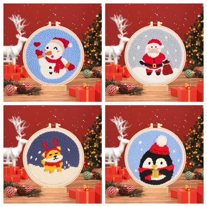 DIY Christmas Punch Needle Embroidery Starter Kit Punch Needle Kits Threader Fabric Embroidery Hoop Yarn Rug