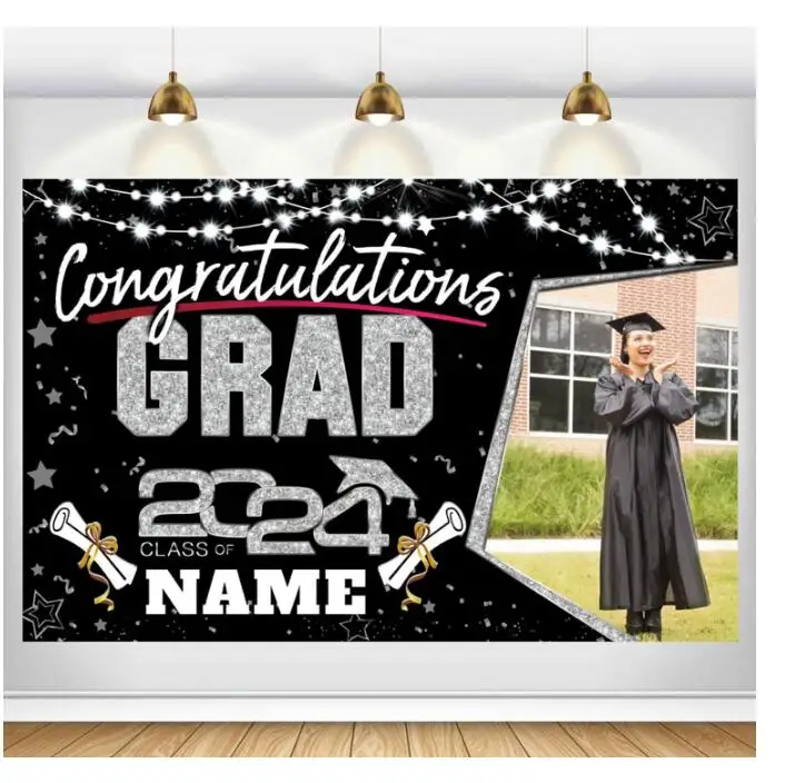 Customized Printing Polyester Congratulatory Grad Banner with Pics For Graduation School Party Event 2024
