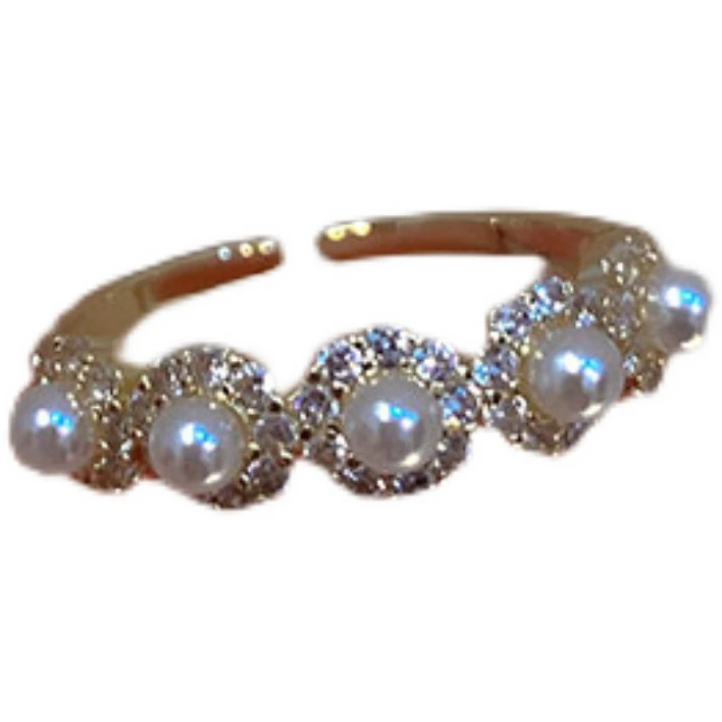 Exquisite Wedding Jewelry Multilayer Rhinestone Oval Open Women Sweet Romantic Adjustable Smart Pearl Ring