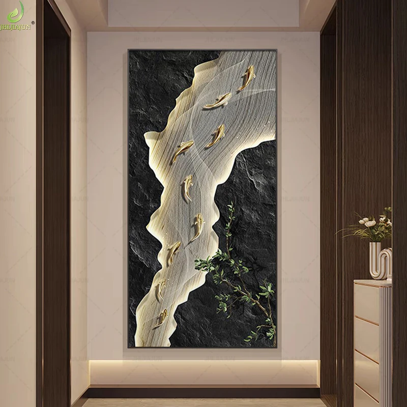 Lucky Nine Fish Luxury Wall Art Crystal Porcelain Diamond Painting Good Luck Metal Fish Home Decor