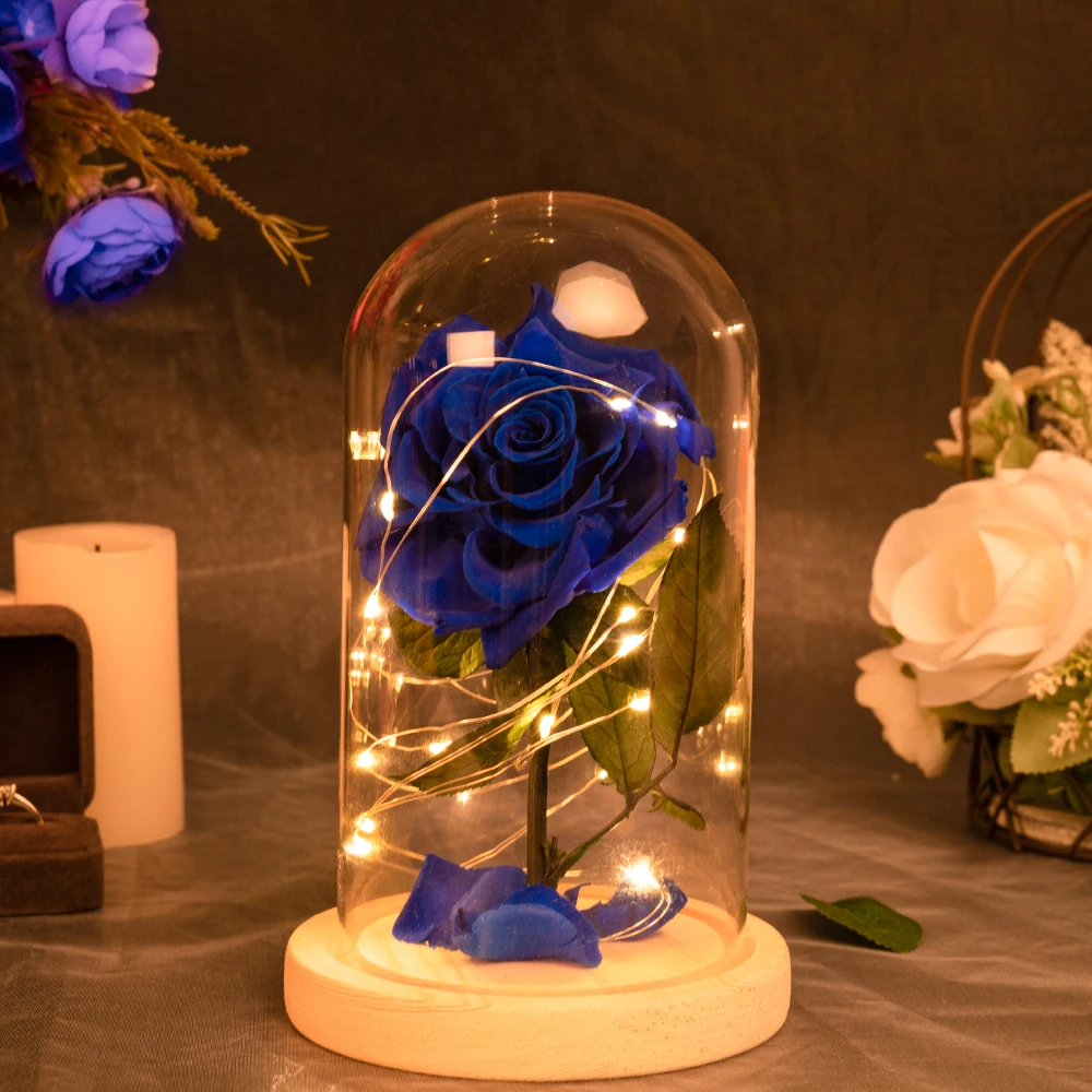 MACTING Led Light Glass Cover Romantic Real Preserved Blue Rose as Birthday Gift