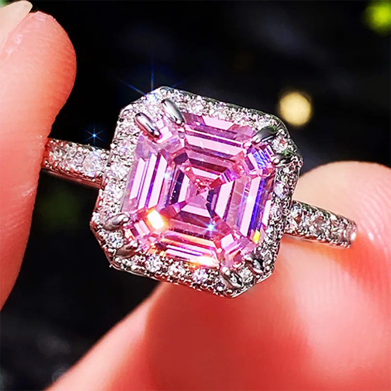 CAOSHI Charm Women Engagement Wedding Ring 925 Silver Plated Enchanted Princess Cut Pink Gem Stone Ring