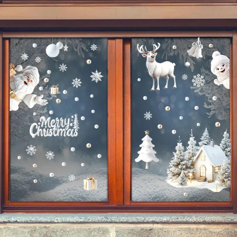 Three-dimensional White Santa Cartoon  Cute Snowman Elk and Snowflake Window Sticker Set New Christmas Home Decorations