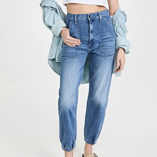 Customized Manufacturer Women High Rise Ankle Length Zip Fly Elastic Bottom Cotton Spandex Skinny Blue  Jeans