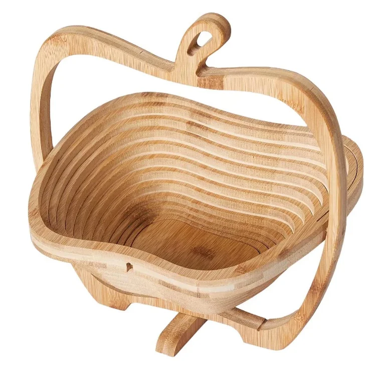 Creative Design Apple Shape Foldable Bamboo Dried Fruit Basket Wood Bread Basket