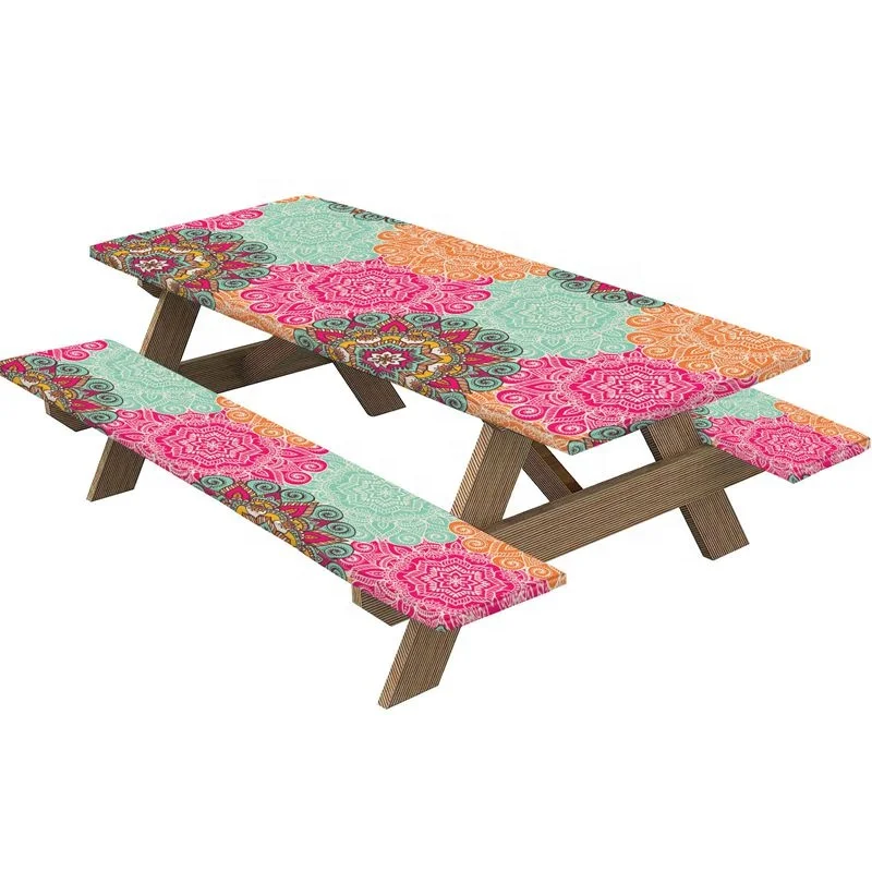 Set of 3 Custom Printed Woven Waterproof Rectangular Mandala Picnic Table Cover with Bench Covers for Camping