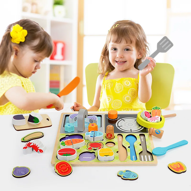 Hot New Style Wooden Kitchen food Toys Set Vegetables Fish Cooking Educational Kitchen Toys for Kids