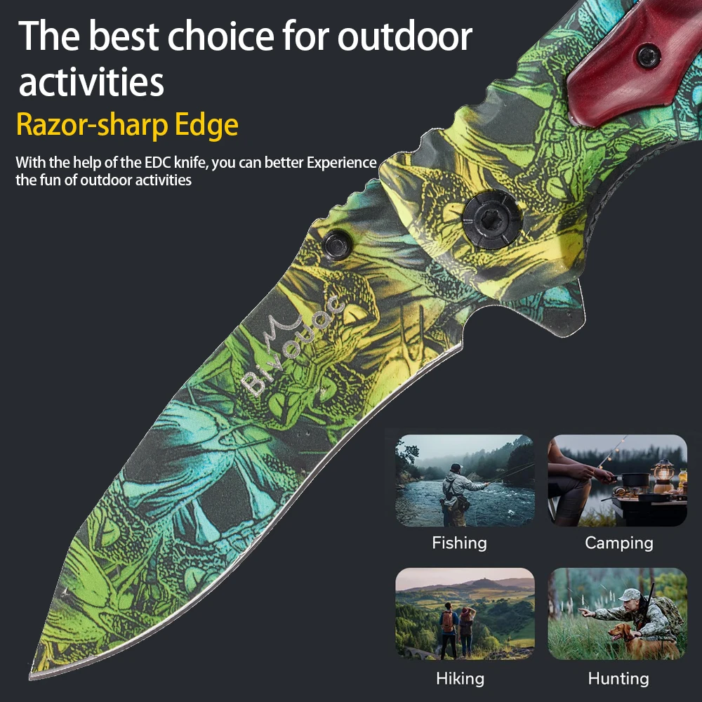CustomOEM Wholesale  Titanium Steel Folding Knife Portable Outdoor Camping and Hunting Survival Tool with Green Yellow Handle