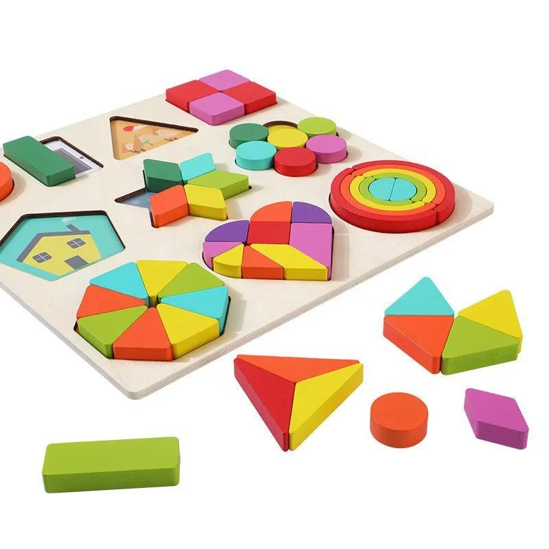Wooden Montessori Blocks Preschool Early Educational Toys Kids Match Shape Rainbow Geometry Puzzle