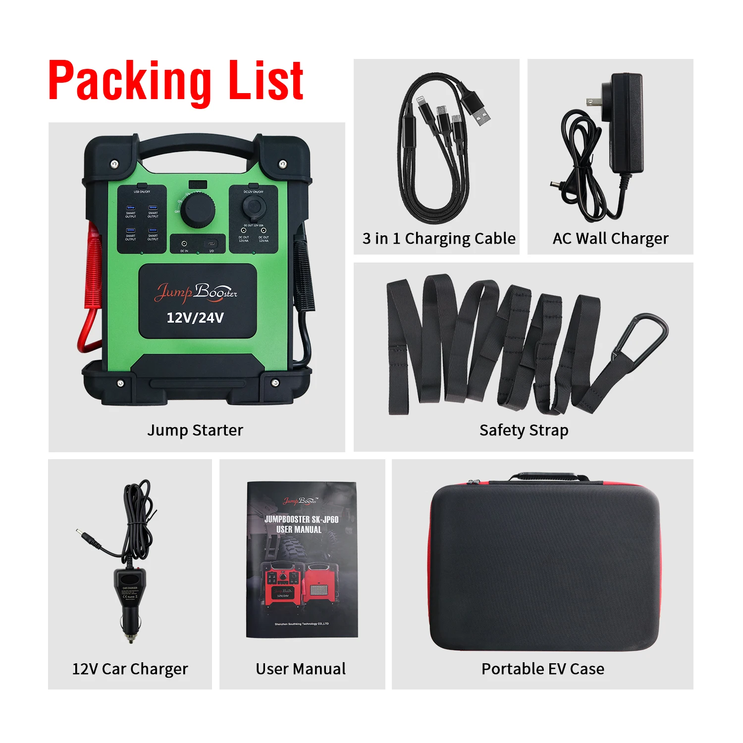 High capacity Jumpstarter 12v 24v Car Jump Starter Power Bank with thick cables and metal clamps
