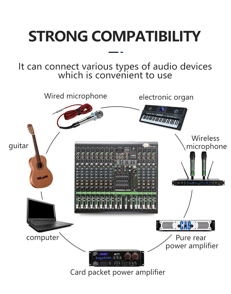 Professional 12-Channel Audio Dj Mixer With Blueteeth Sound Mixer Audio Karaoke Phantom Power 48V Usb Jack