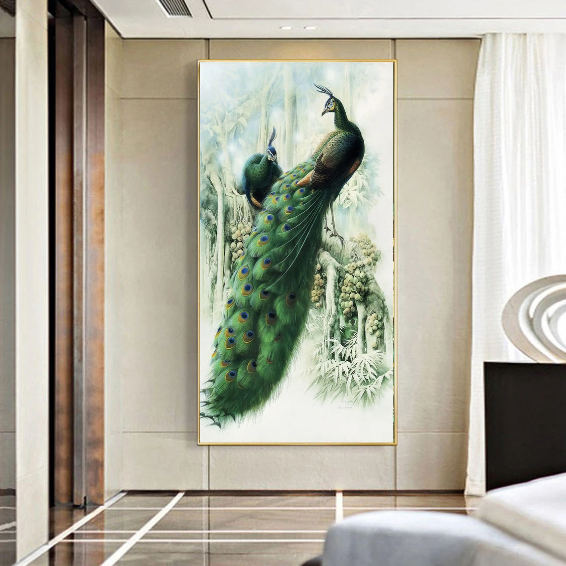 Best price classic peacock in green feather and blue feather frames wall home decoration artwork painting