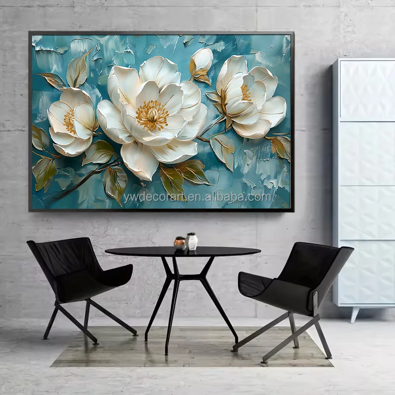 Custom Modern White Flower Canvas Painting Stereoscopic Style Framed Wall Art for Home Living Room Decor