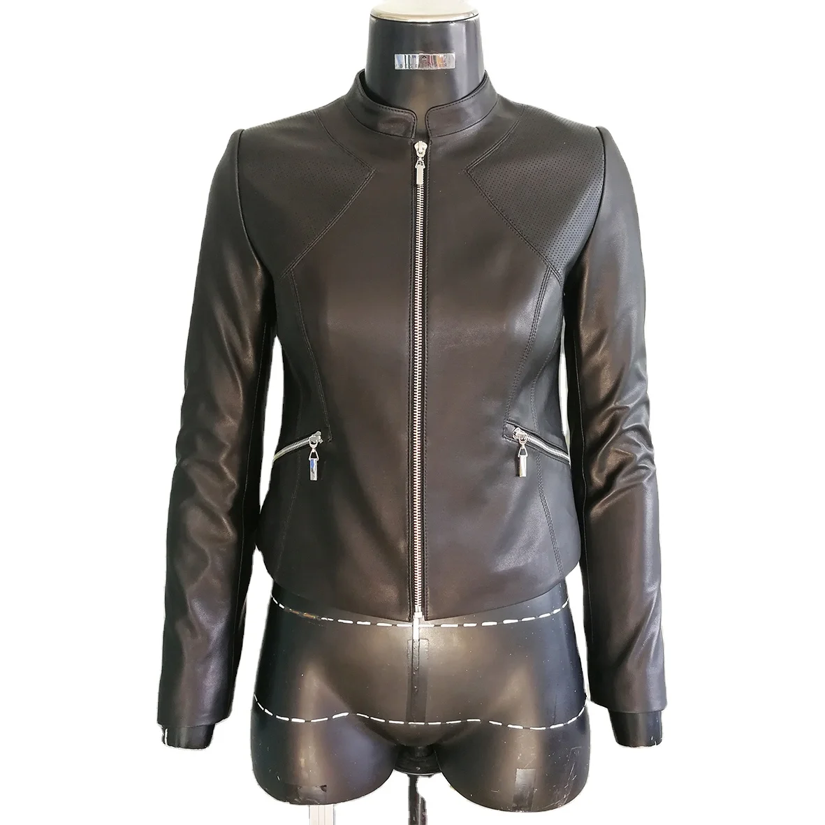 New design laser cut hole details zipper leather stand collar jacket