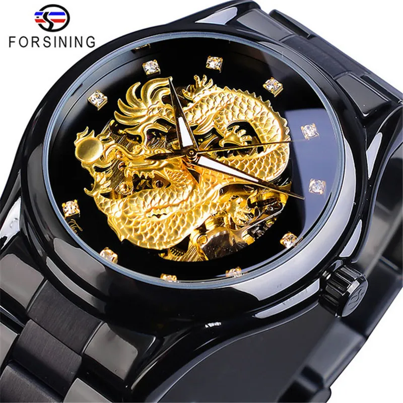 Man Watch Top Brand Luxury Classic Dragon Design Silver Stainless Steel Diamond Display Men Automatic Wrist Watches Clock