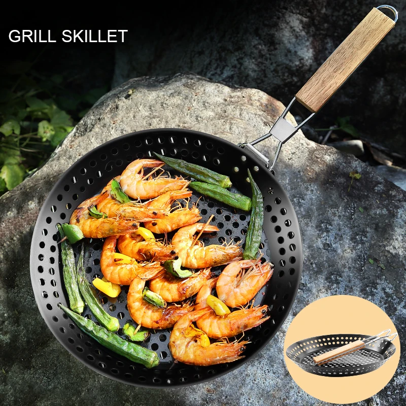 Hot Sale Carbon Steel Non-Stick Pizza BBQ Pan for Fry Chapati Cooking Vegetables Basket  Barbecue Topper