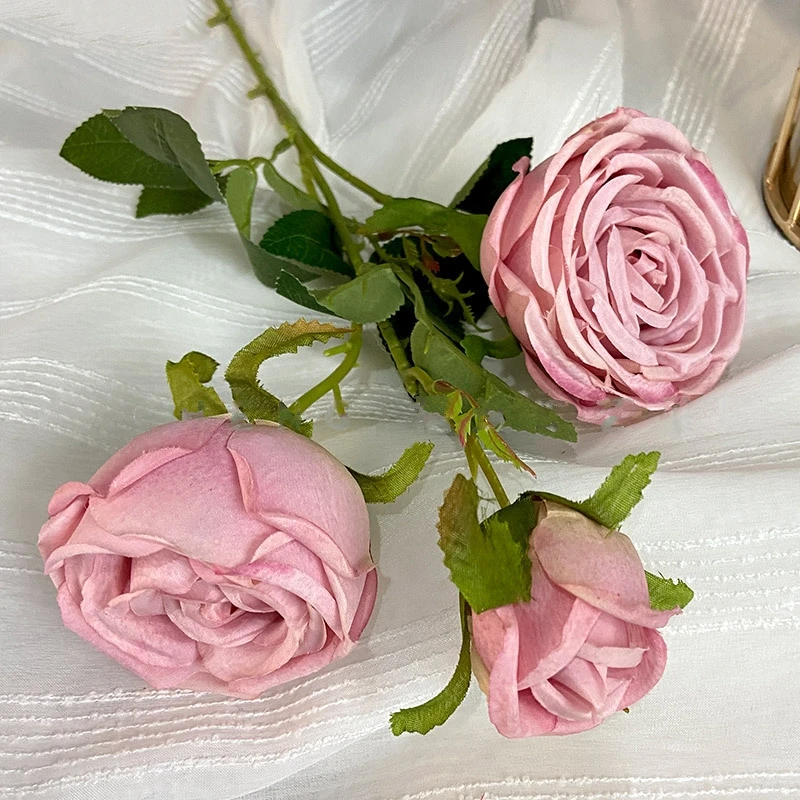 Multiple Colors Silk 3 Heads Rose Artificial Flowers Rose For Wedding Decoration