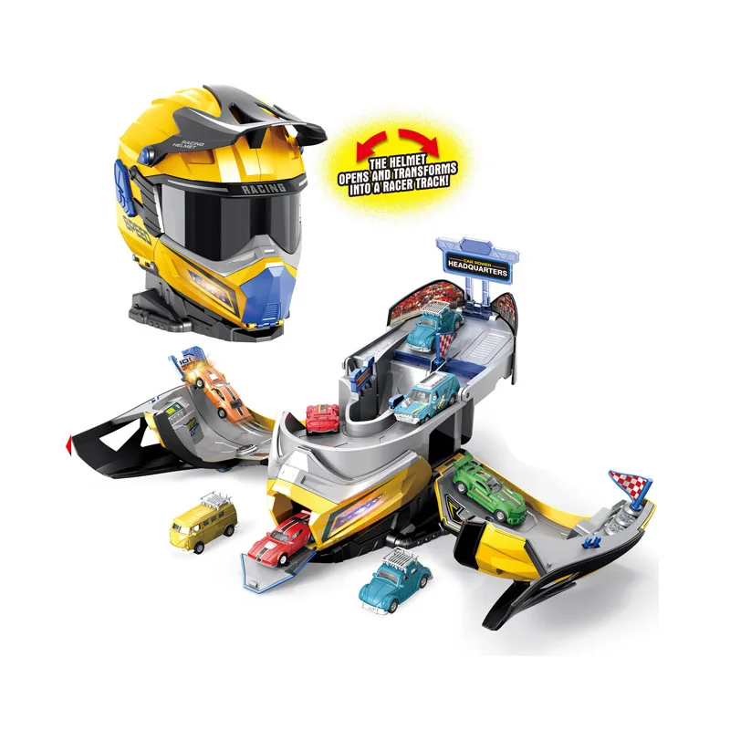 KUNYANG new creative helmet transforming kids game garage fire rescue car game plastic electric track toy parking lot toys sale