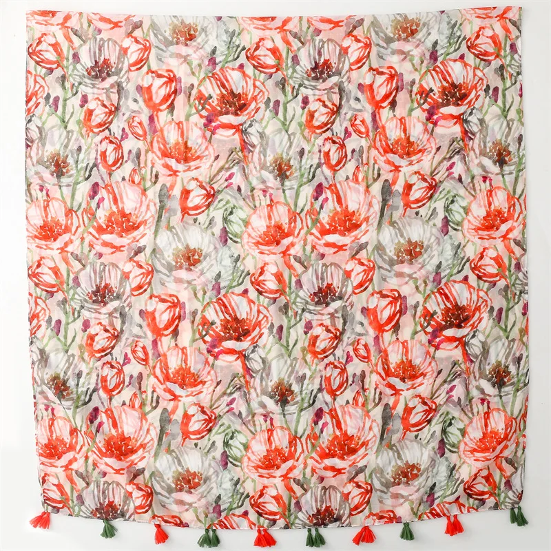 Wholesale High Quality Spring and Summer Cotton and Linen Hand Scarf Tulip Flower Lady Simple Style Ruffled Silk Scarf Shawl