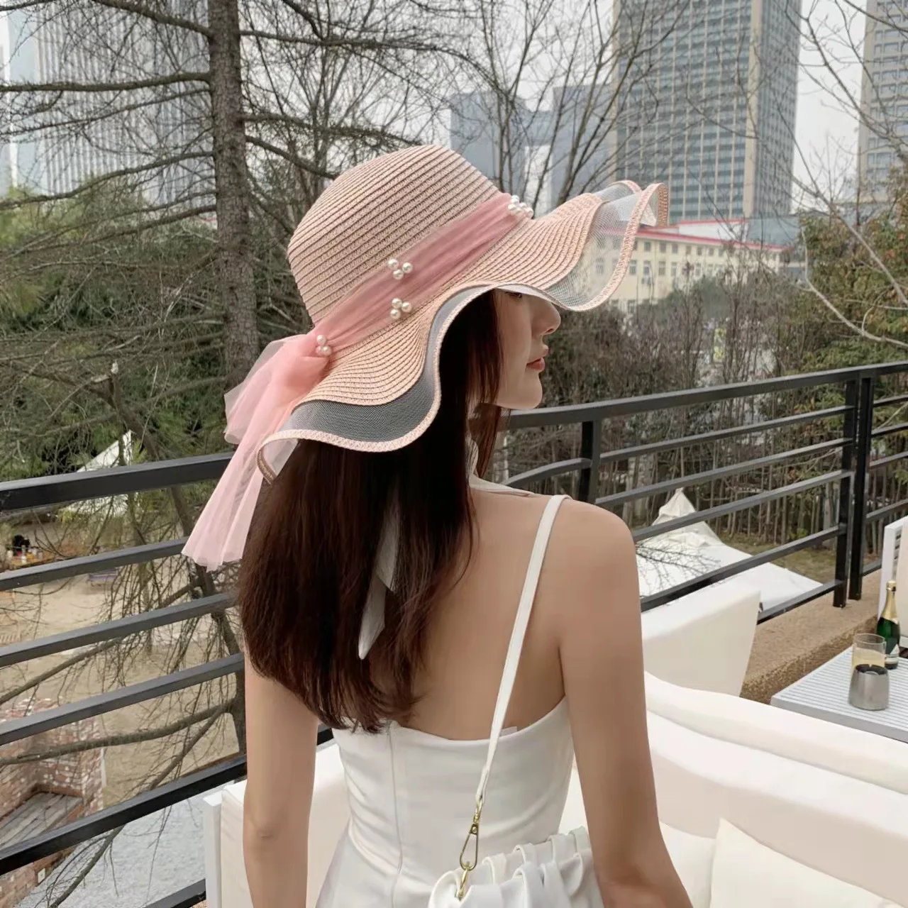 Lace Bowknot Wave Fashion Wide Brim Braided Roll Up Travel Packable Summer Girls Straw Jazz Hat Beach Cap With Pearl For Women