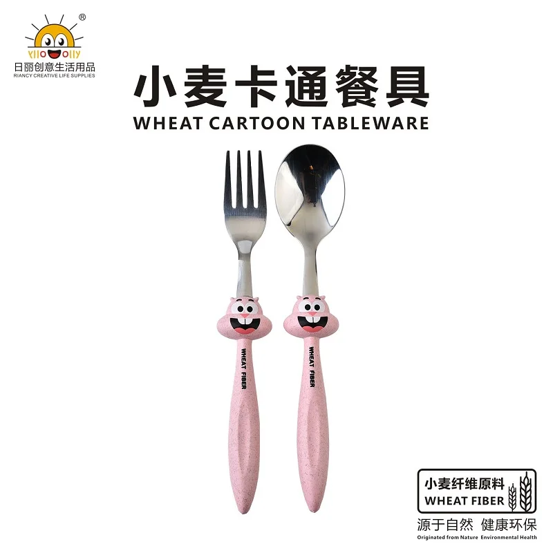 Wheat Straw Fiber Kids Dinnerware Set Stainless Steel Cutlery with Chopsticks Spoon Fork for Travel Disposable Weddings Gifts