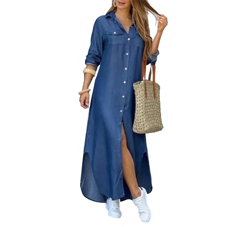 Modern Stylish Elegant Letter Print Women Summer Button Split Party Dress Long Sleeve Maxi Dress
