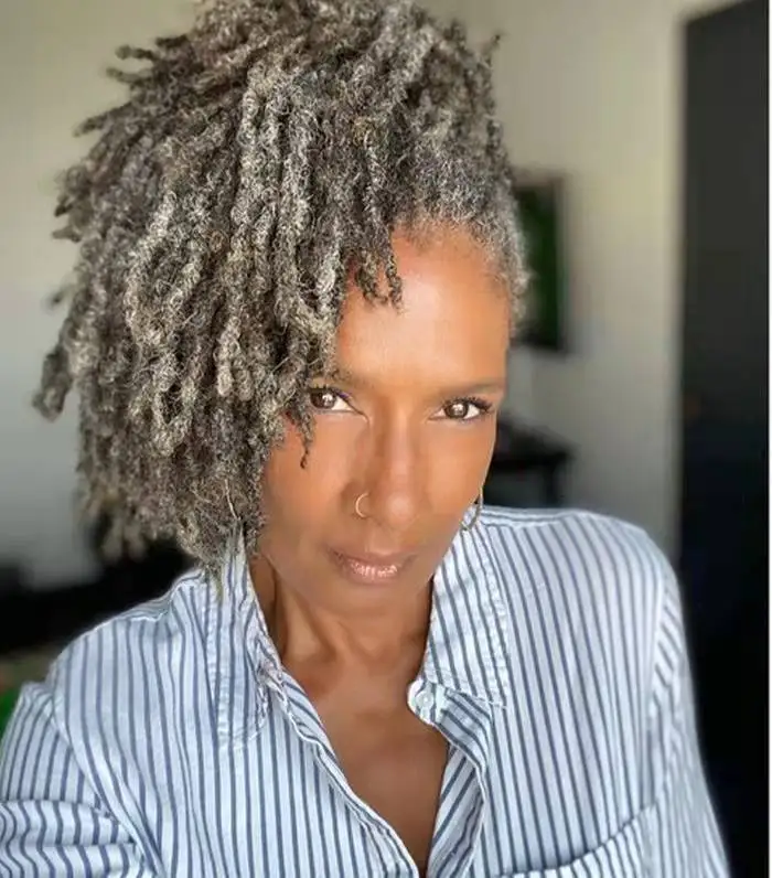 Pepper and salt natural grey braided Short natural hairstyle for gray hair black women