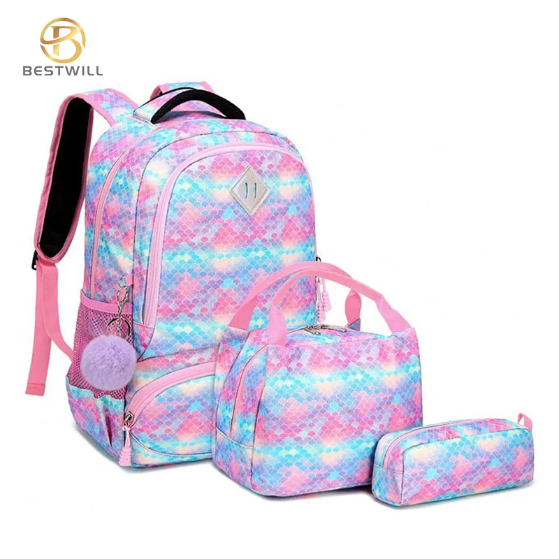 BESTWILL hot sell Unicorn 3pcs school girls backpack with lunch bag custom logo book trolley children student school bags set