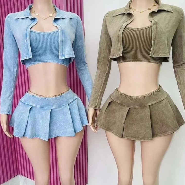 Peeqi HR24100 summer elegant three piece skirt set sexy outfit short jacket crop top and pleated skirt 3 piece set women outfit