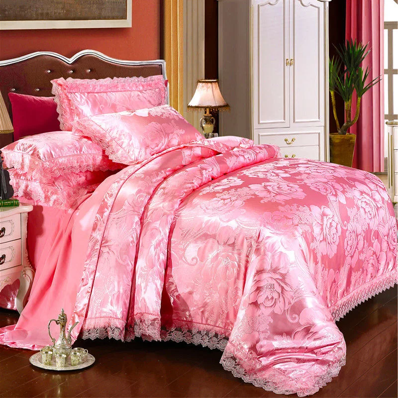 
Soft 4 Pcs Pink Jacquard Girls Sheets Bedding Set, Good Quality Winter Embroidery Lace Princess Bed Spreads Bed Set/ 