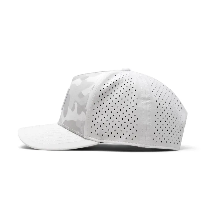 custom Snow camo hat snapback laser cut perforated trucker cap performance golf waterproof camo trucker hats with rubber patch