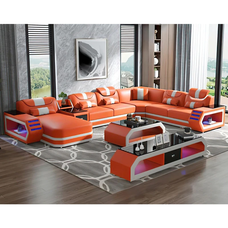 Italian modern Customizable luxury Intelligent Music USB charge Function leather living room furniture corner section sofas set