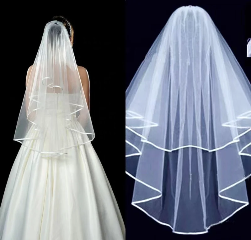 Women Short  Shoulder Length Veil Two-Layer Bridal Veils Ribbon Edge Adult for Women White Pure Lady Party Marriage Wedding Veil