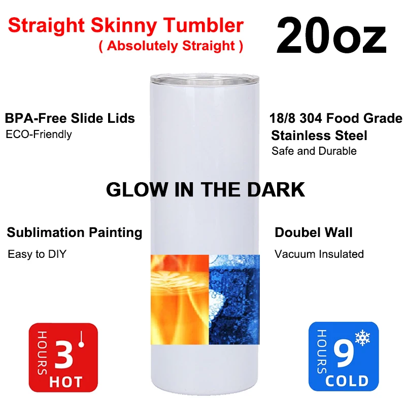 USA Warehouse Stocked 20oz 20 oz Green Blue Glow in the Dark Stainless Steel Straight Skinny White Blanks Sublimation Tumbler