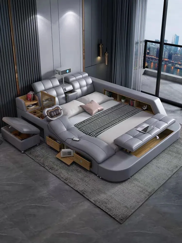 Smart massage bed luxury master bedroom multifunctional modern minimalist projector new style leather bed