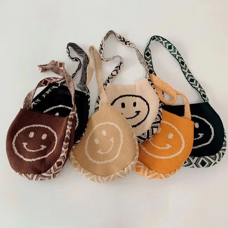 Factory Cute Shoulder Bag Autumn and Winter Wholesale Kids Smile Face Woolen Knitted Bag for Children