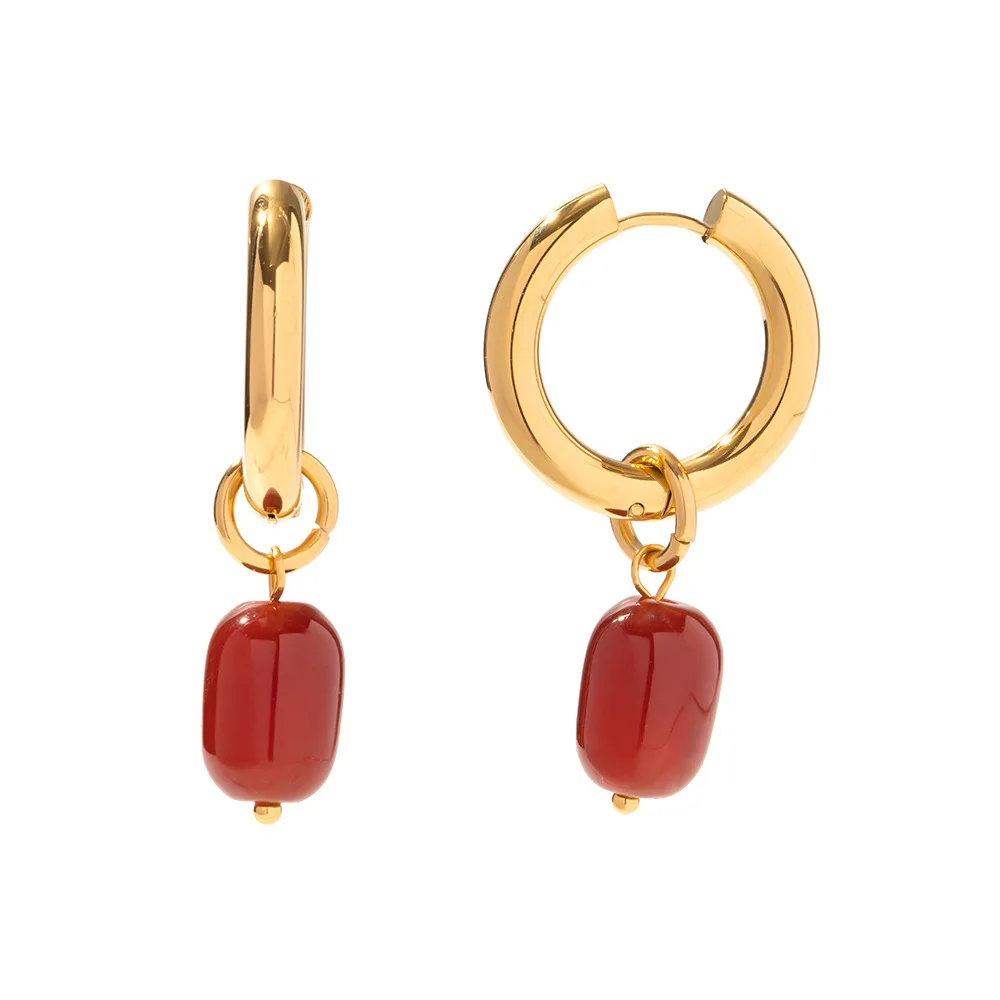 Trendy jewelry wholesale gold plated natural gemstone ruby red agate stone pendant drop stainless steel earrings for woman
