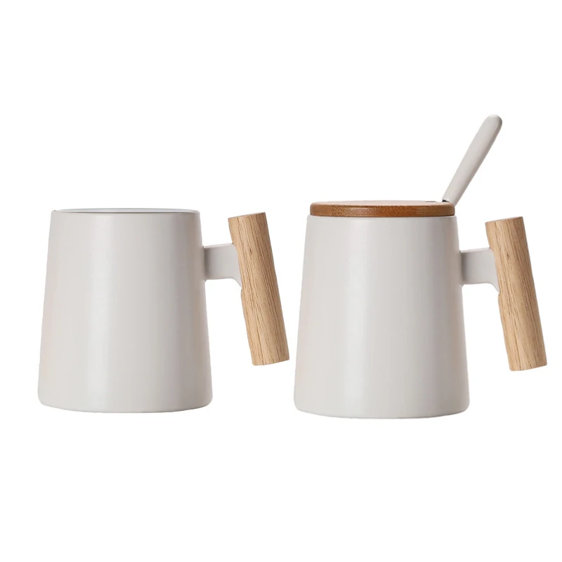 New Custom Color Sustainable Matte Wooden Handle Ceramic Drinking Tea Cup With Lid